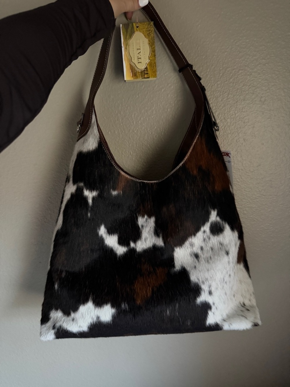 Cowhide Hobo Shoulder Bag in Black White Brown